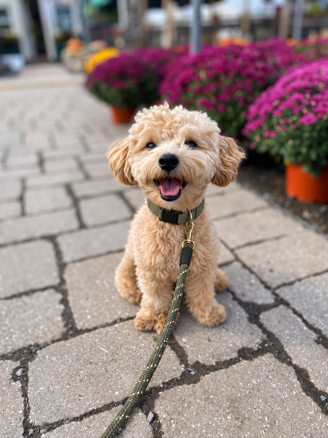 Happy cream-colored dog on a walk